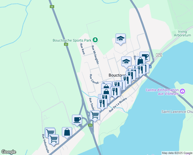 map of restaurants, bars, coffee shops, grocery stores, and more near 2 Allée Bertha in Bouctouche