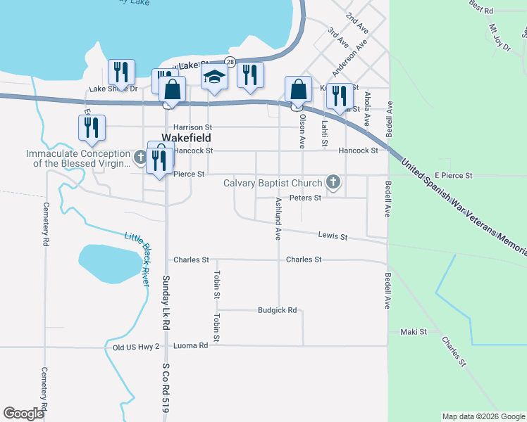 map of restaurants, bars, coffee shops, grocery stores, and more near Lewis Street in Wakefield
