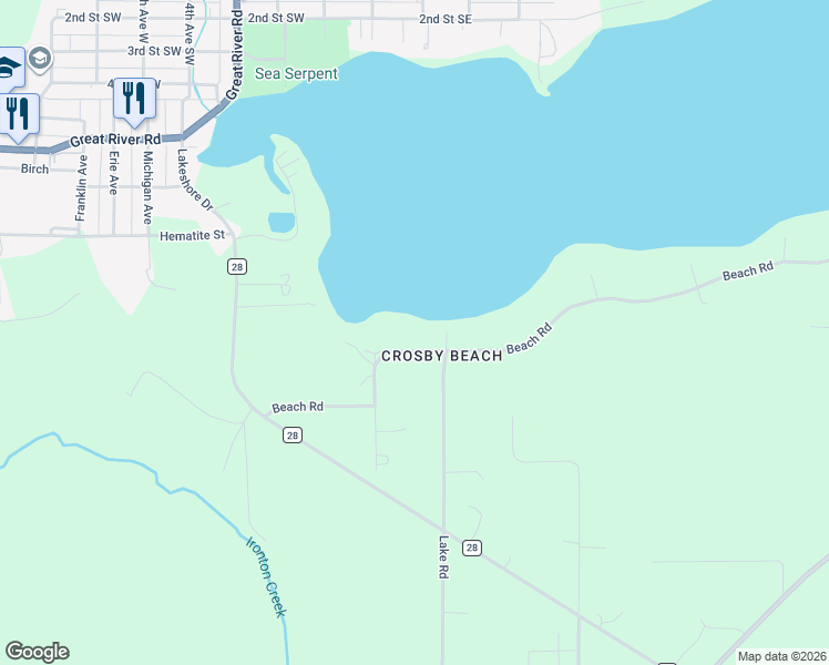 map of restaurants, bars, coffee shops, grocery stores, and more near 21432 Beach Road in Deerwood