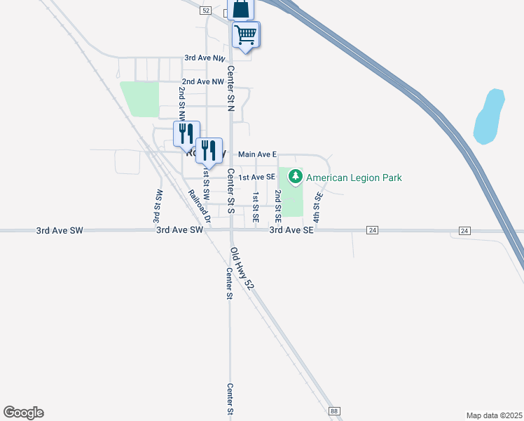 map of restaurants, bars, coffee shops, grocery stores, and more near 225 1st Street Southeast in Rothsay