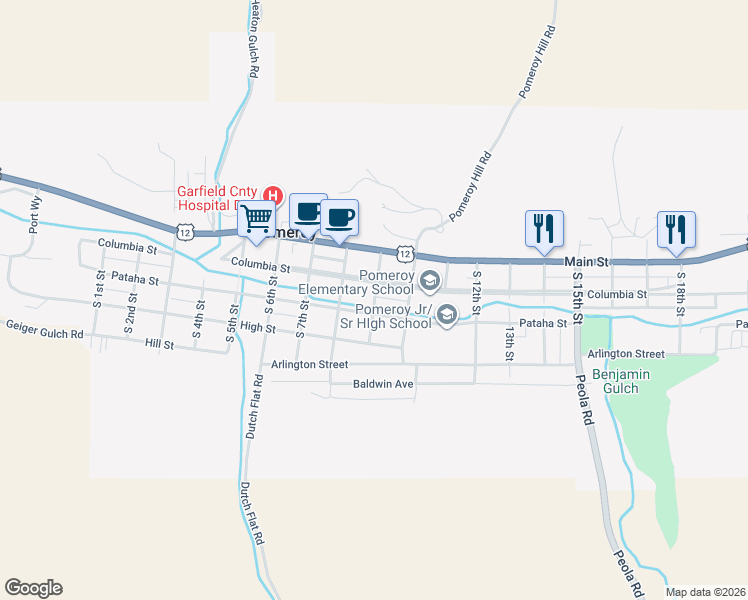 map of restaurants, bars, coffee shops, grocery stores, and more near 190 South 9th Street in Pomeroy