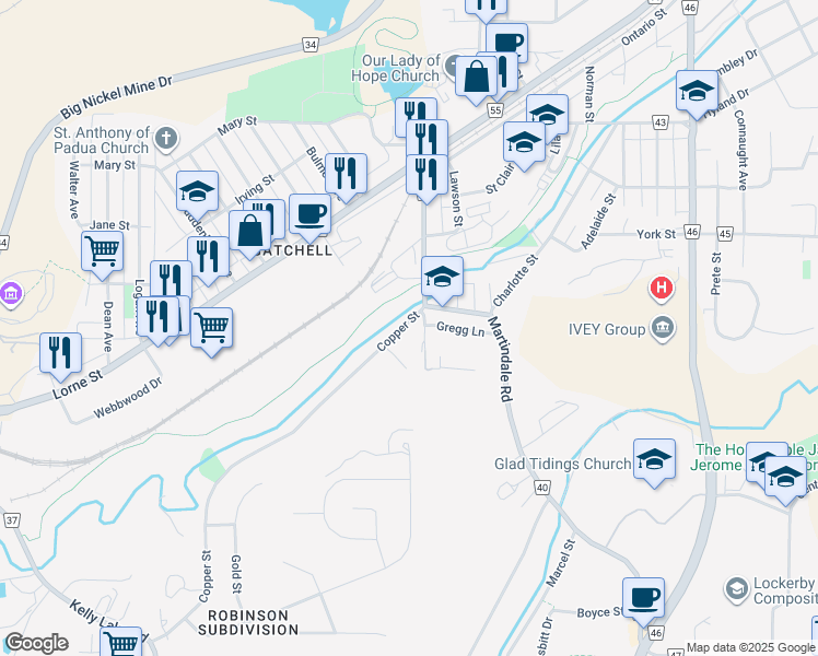 map of restaurants, bars, coffee shops, grocery stores, and more near 15 Copper Street in Sudbury