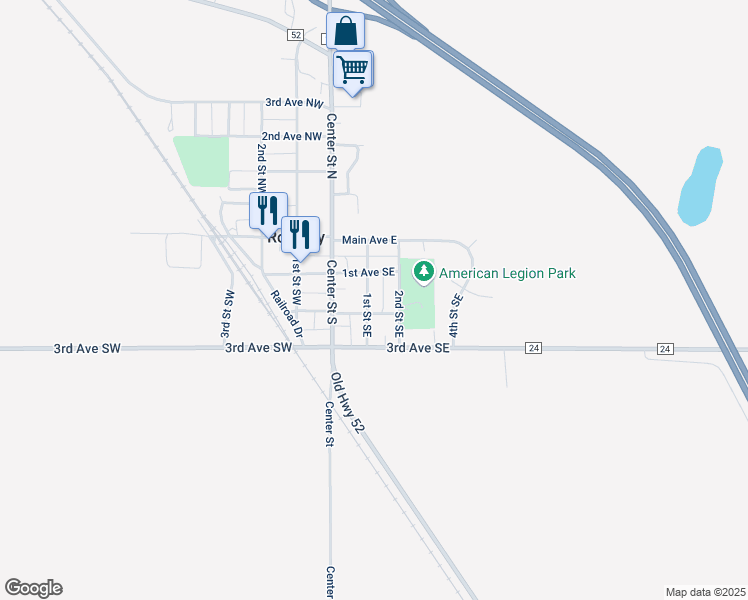 map of restaurants, bars, coffee shops, grocery stores, and more near 225 1st Street Southeast in Rothsay