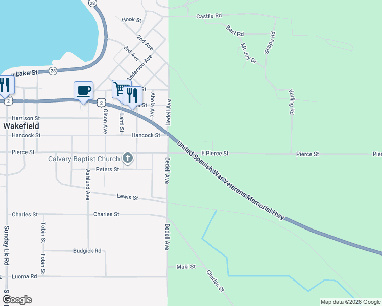map of restaurants, bars, coffee shops, grocery stores, and more near U.S. Highway 2 in Wakefield