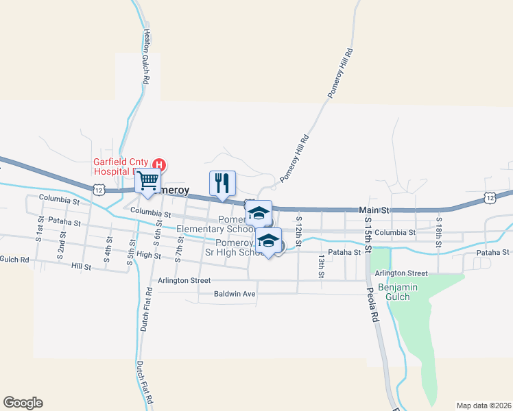 map of restaurants, bars, coffee shops, grocery stores, and more near 84 10th Street in Pomeroy