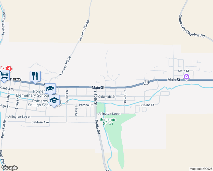 map of restaurants, bars, coffee shops, grocery stores, and more near 1647 Main Street in Pomeroy