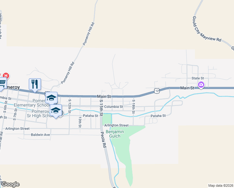 map of restaurants, bars, coffee shops, grocery stores, and more near 1647 Main Street in Pomeroy