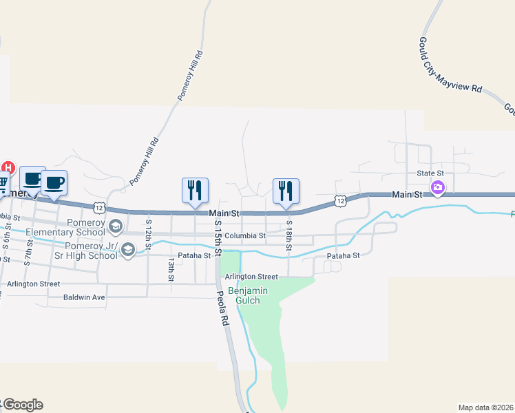 map of restaurants, bars, coffee shops, grocery stores, and more near 1647 Main Street in Pomeroy