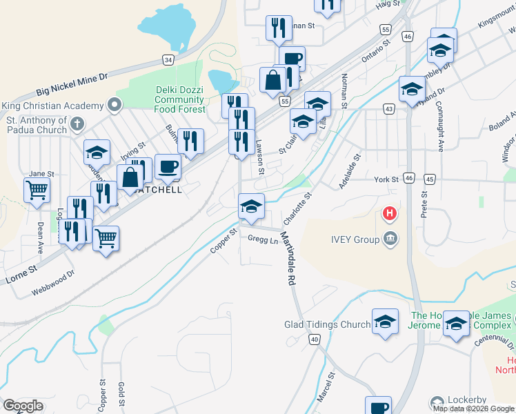 map of restaurants, bars, coffee shops, grocery stores, and more near 807 Lawson Street in Sudbury