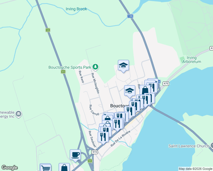 map of restaurants, bars, coffee shops, grocery stores, and more near 74 Saint Jean Baptiste Street in Bouctouche