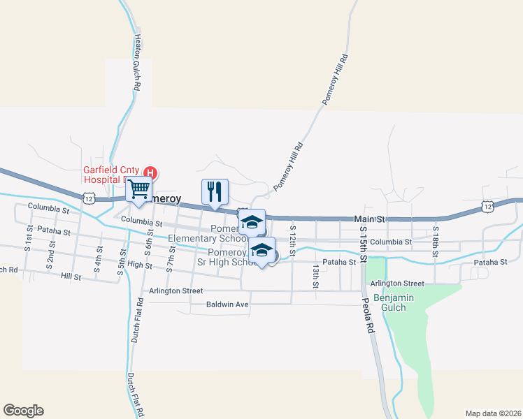 map of restaurants, bars, coffee shops, grocery stores, and more near 1027 Main Street in Pomeroy
