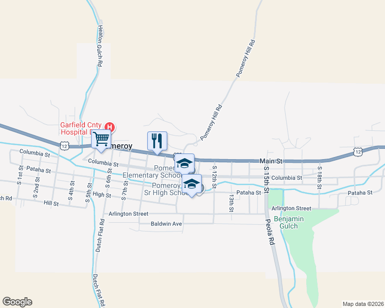 map of restaurants, bars, coffee shops, grocery stores, and more near 76-84 10th Street in Pomeroy