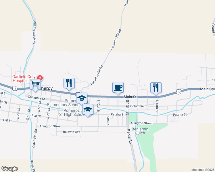 map of restaurants, bars, coffee shops, grocery stores, and more near 1027-1123 Main St in Pomeroy