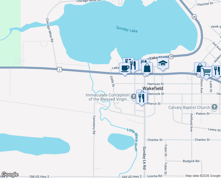 map of restaurants, bars, coffee shops, grocery stores, and more near 400-414 Eddy Street in Wakefield