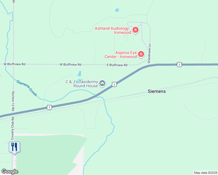 map of restaurants, bars, coffee shops, grocery stores, and more near U.S. Route 2 in Ironwood