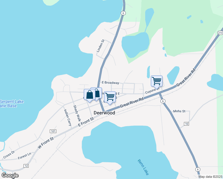 map of restaurants, bars, coffee shops, grocery stores, and more near 211 Maple Road East in Deerwood