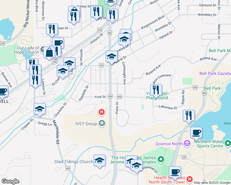 map of restaurants, bars, coffee shops, grocery stores, and more near 749 Prete Street in Sudbury