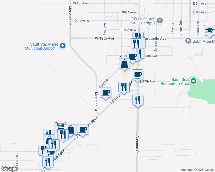 map of restaurants, bars, coffee shops, grocery stores, and more near 2760 Interstate 75 Business Spur in Sault Ste. Marie