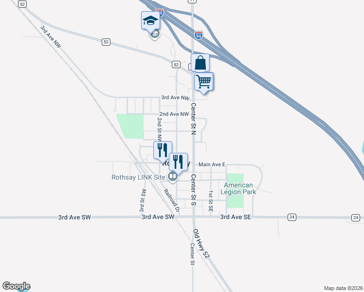 map of restaurants, bars, coffee shops, grocery stores, and more near 131 1st Street Northwest in Rothsay