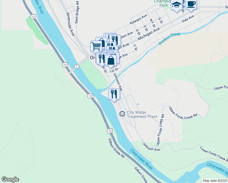 map of restaurants, bars, coffee shops, grocery stores, and more near Main Street in Orofino
