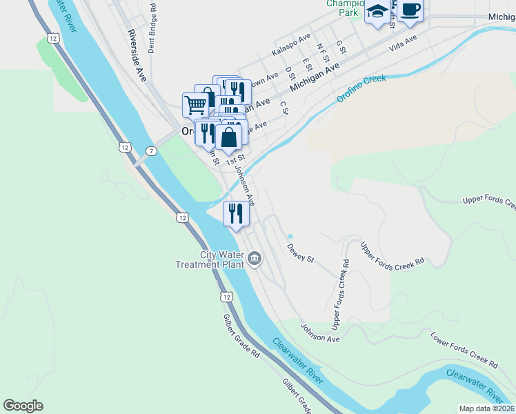 map of restaurants, bars, coffee shops, grocery stores, and more near 502 Johnson Avenue in Orofino