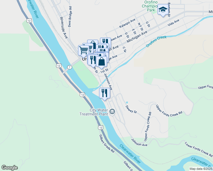 map of restaurants, bars, coffee shops, grocery stores, and more near Main Street in Orofino