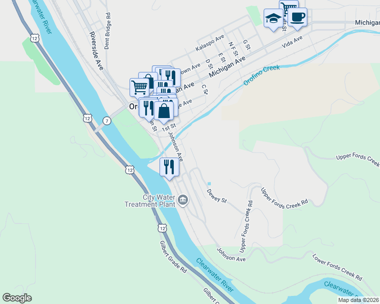 map of restaurants, bars, coffee shops, grocery stores, and more near 421 Dewey Street in Orofino