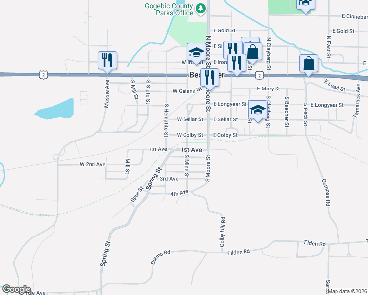 map of restaurants, bars, coffee shops, grocery stores, and more near 100-198 West Colby Street in Bessemer