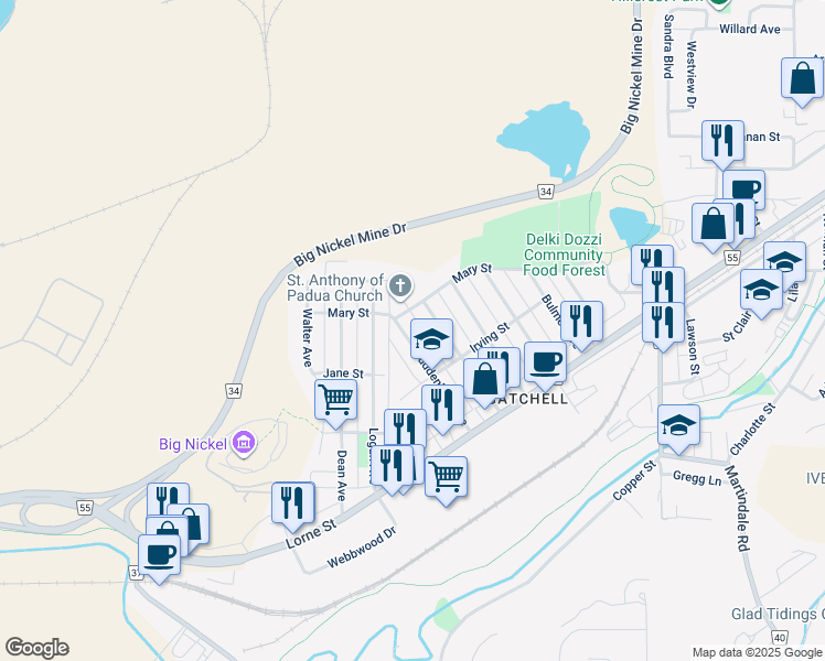 map of restaurants, bars, coffee shops, grocery stores, and more near 71 Morrison Avenue in Greater Sudbury