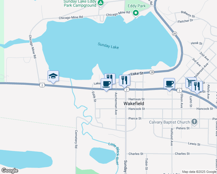 map of restaurants, bars, coffee shops, grocery stores, and more near 309 U.S. 2 in Wakefield