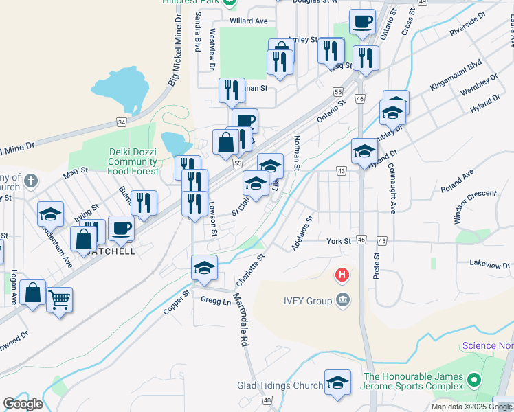 map of restaurants, bars, coffee shops, grocery stores, and more near 691 Lilac Street in Greater Sudbury