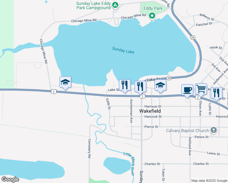 map of restaurants, bars, coffee shops, grocery stores, and more near 309 U.S. 2 in Wakefield