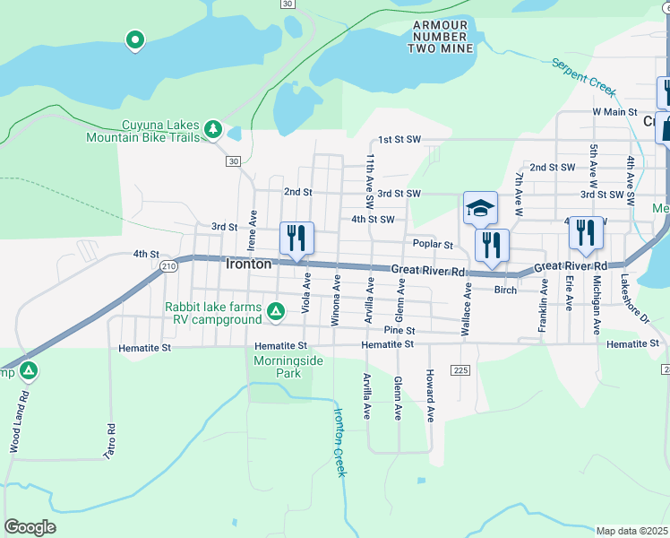 map of restaurants, bars, coffee shops, grocery stores, and more near 101 4th Street in Ironton