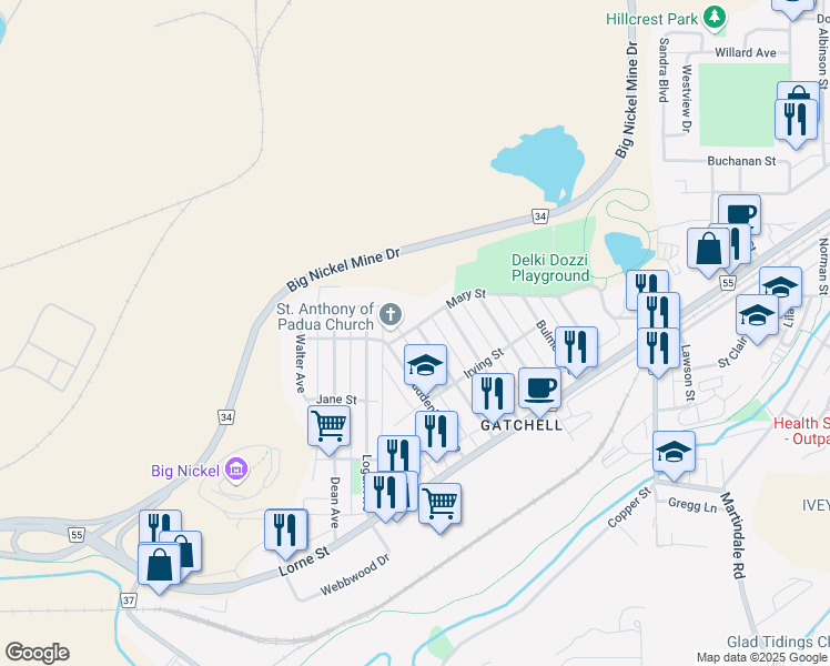 map of restaurants, bars, coffee shops, grocery stores, and more near 71 Morrison Avenue in Greater Sudbury
