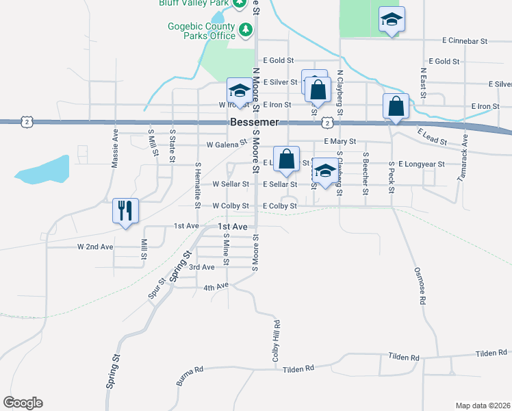 map of restaurants, bars, coffee shops, grocery stores, and more near 100 West Colby Street in Bessemer