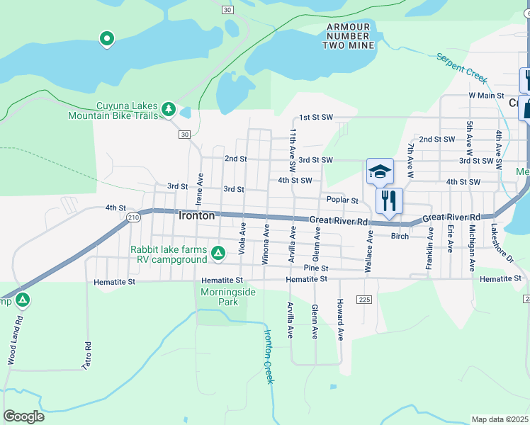 map of restaurants, bars, coffee shops, grocery stores, and more near 101 4th Street in Ironton