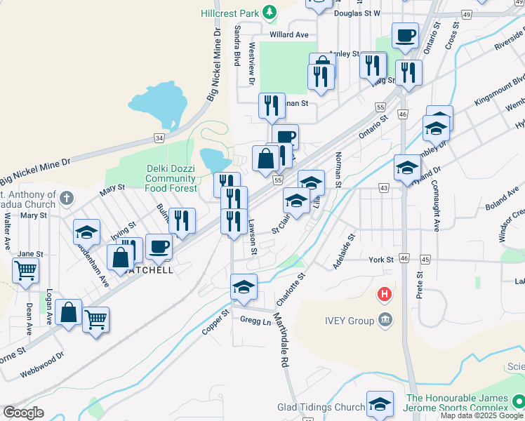 map of restaurants, bars, coffee shops, grocery stores, and more near 757 Ontario Street in Greater Sudbury