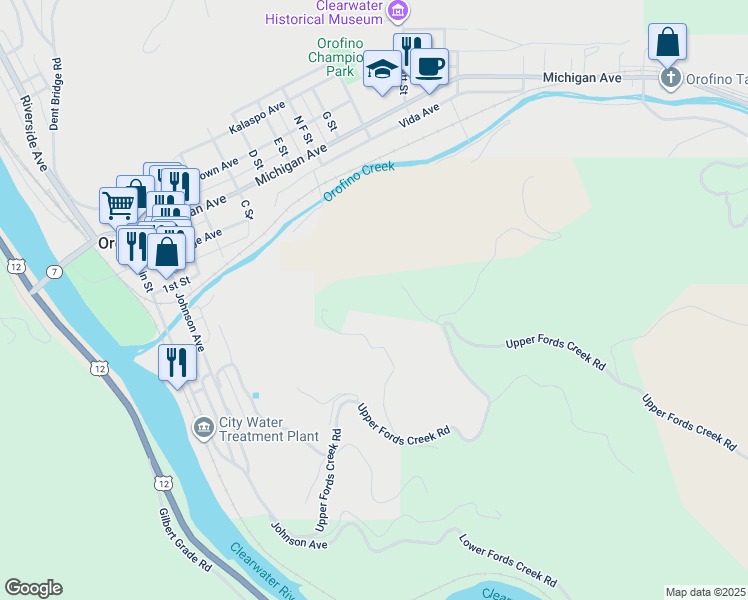 map of restaurants, bars, coffee shops, grocery stores, and more near 981 Upper Fords Creek Road in Orofino
