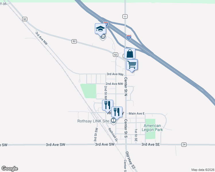 map of restaurants, bars, coffee shops, grocery stores, and more near 221 2nd Street Southeast in Rothsay
