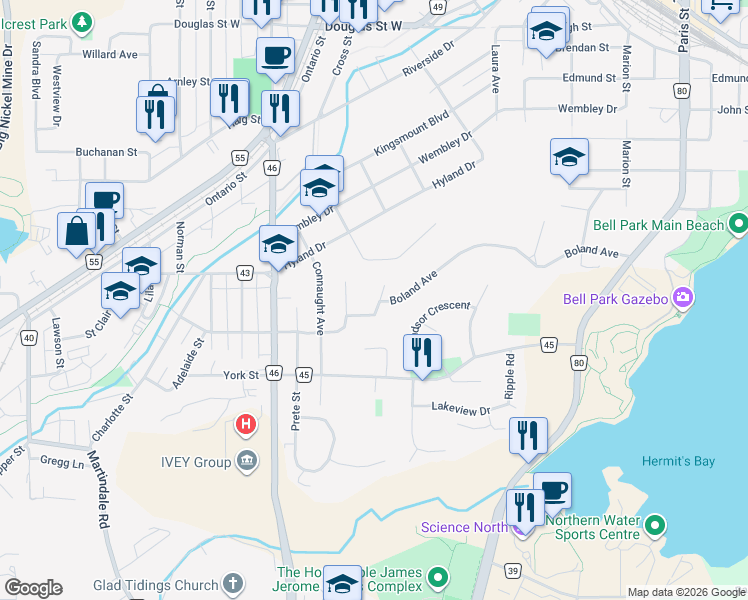 map of restaurants, bars, coffee shops, grocery stores, and more near 183 Dunvegan Court in Sudbury