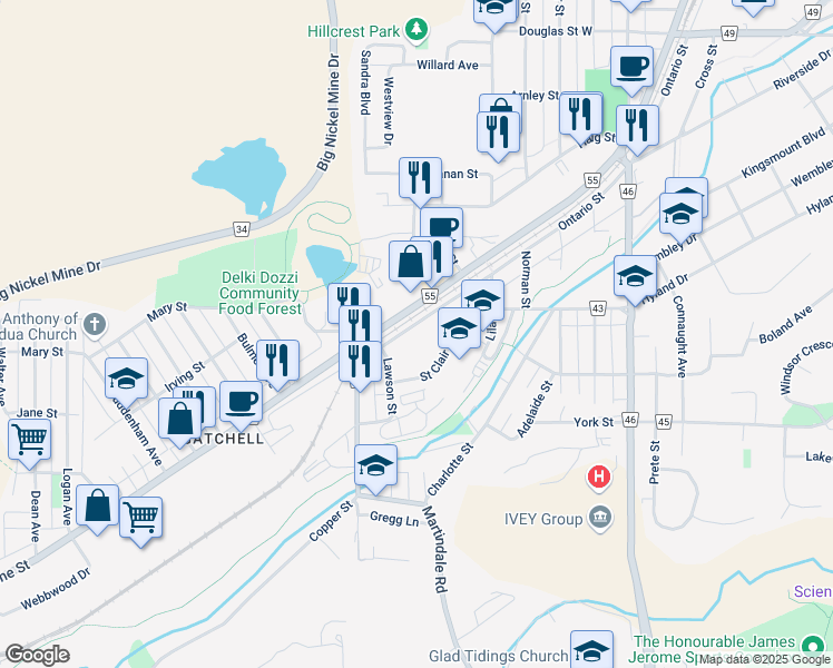 map of restaurants, bars, coffee shops, grocery stores, and more near 757 Ontario Street in Greater Sudbury