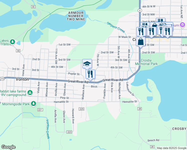 map of restaurants, bars, coffee shops, grocery stores, and more near 711 Poplar Street in Crosby