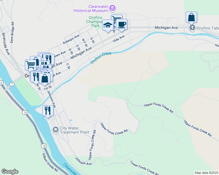 map of restaurants, bars, coffee shops, grocery stores, and more near 981 Upper Fords Creek Road in Orofino
