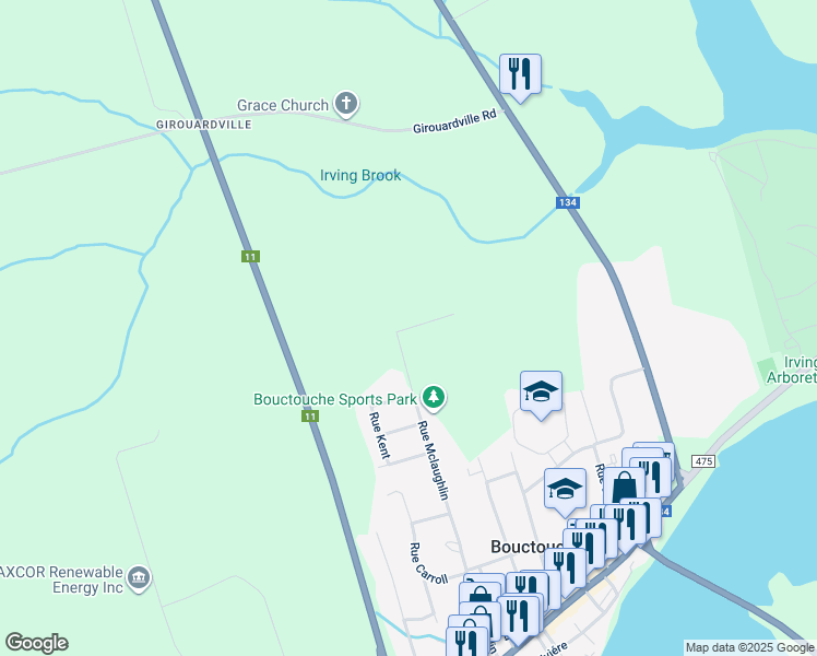 map of restaurants, bars, coffee shops, grocery stores, and more near 10 Veterans Avenue in Bouctouche