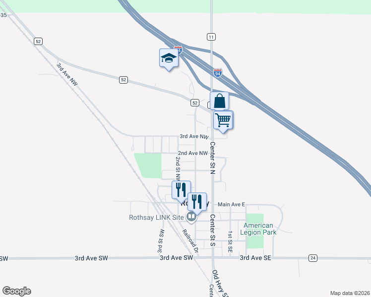 map of restaurants, bars, coffee shops, grocery stores, and more near 221 2nd Street Southeast in Rothsay