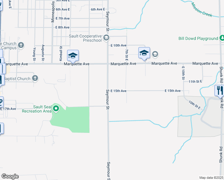map of restaurants, bars, coffee shops, grocery stores, and more near 1125 West 15 Mile Road in Sault Ste. Marie