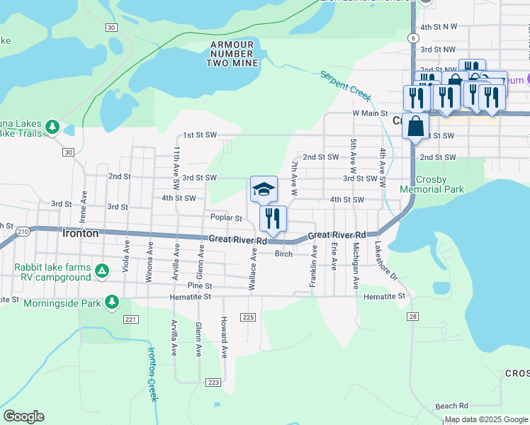 map of restaurants, bars, coffee shops, grocery stores, and more near 711 Poplar Street in Crosby