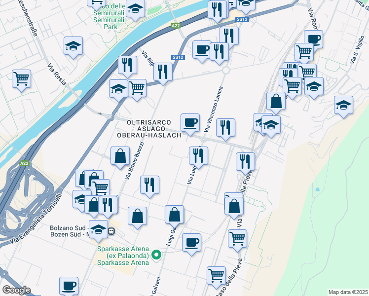map of restaurants, bars, coffee shops, grocery stores, and more near 13 Via Alessandro Volta in Bolzano