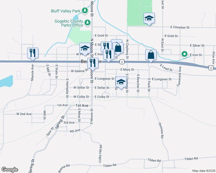 map of restaurants, bars, coffee shops, grocery stores, and more near 299 East Longyear Street in Bessemer