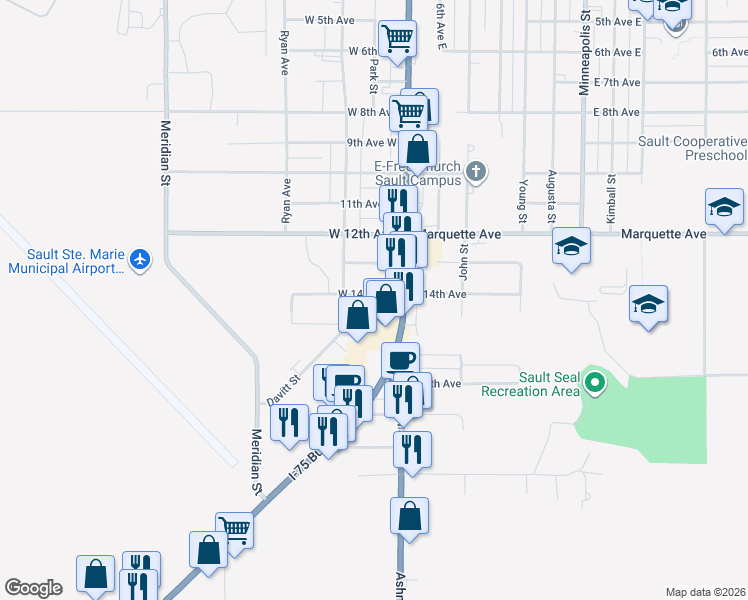 map of restaurants, bars, coffee shops, grocery stores, and more near 111 West 14th Avenue in Sault Ste. Marie